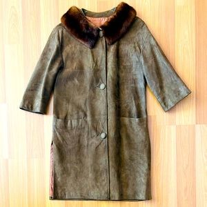 Vintage 1960s brown suede coat with mink fur collar and cropped sleeves,